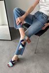 Pomes Kadın Lastik Bantlı Topuklu Sandalet Gri-Bebe Mavi-Lacivert