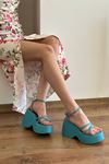 Kolno Kadın Mat Deri Dolgu Topuk Sandalet Mavi
